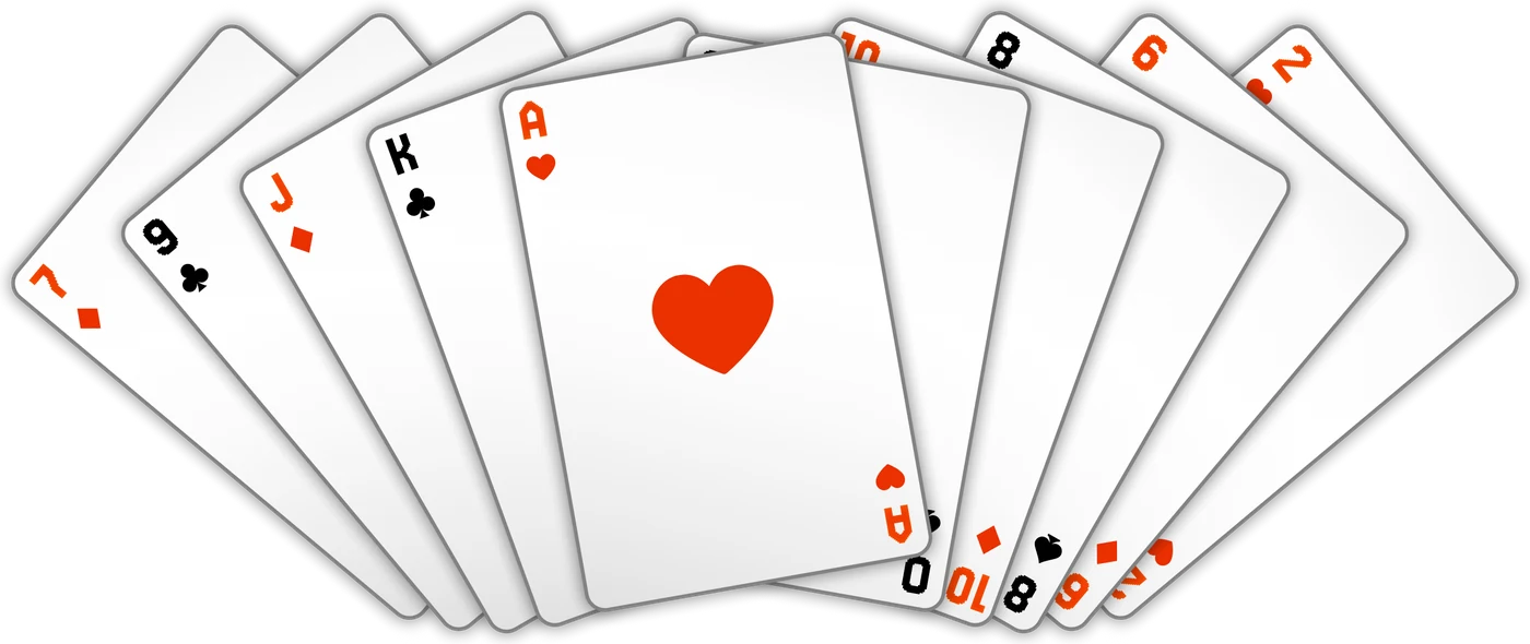 Ten playing cards fanned out in a wide arc