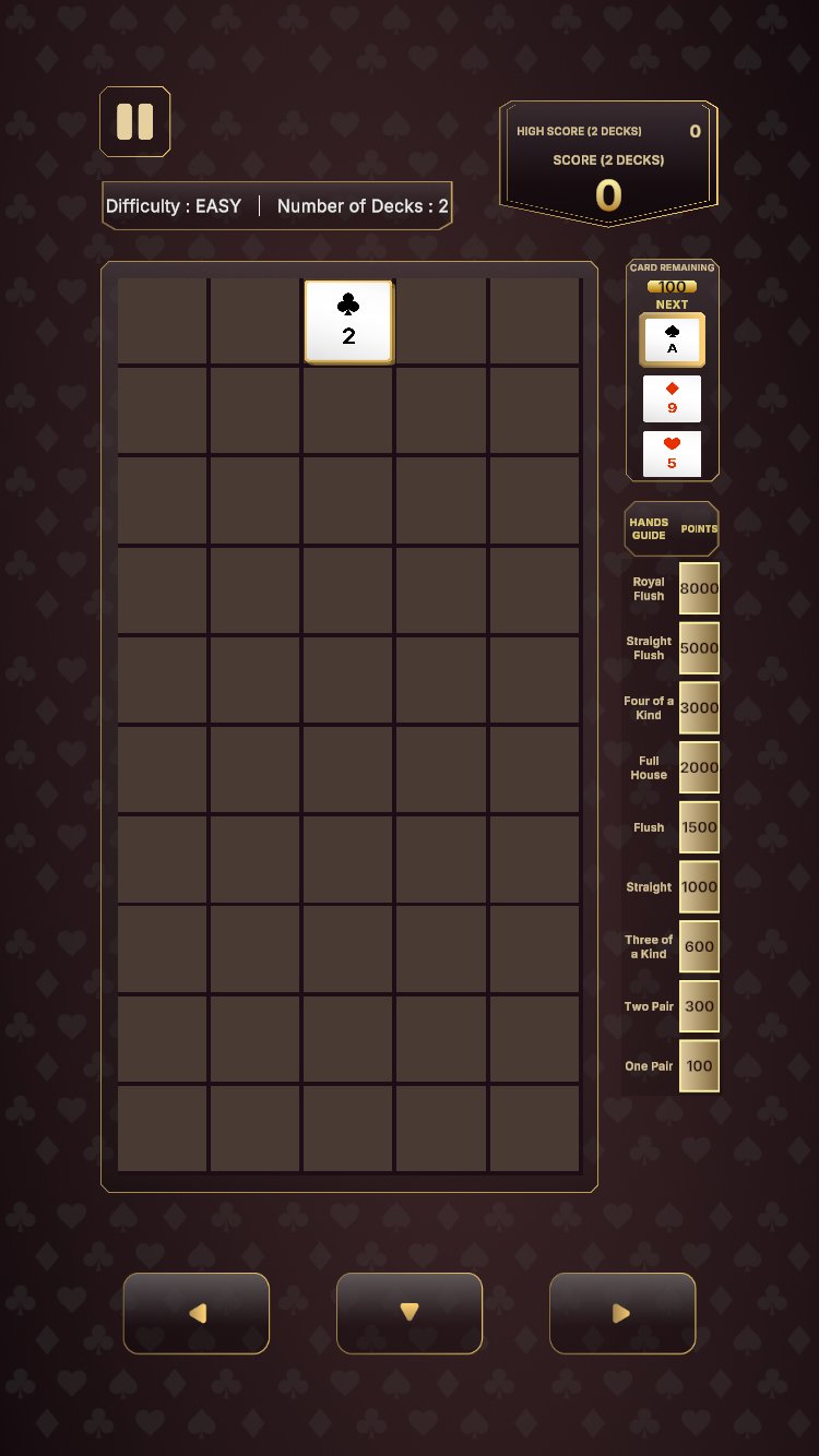 Royal Stack gameplay on a phone: a card falling into the well, the next three cards queued on the right, and the hands guide